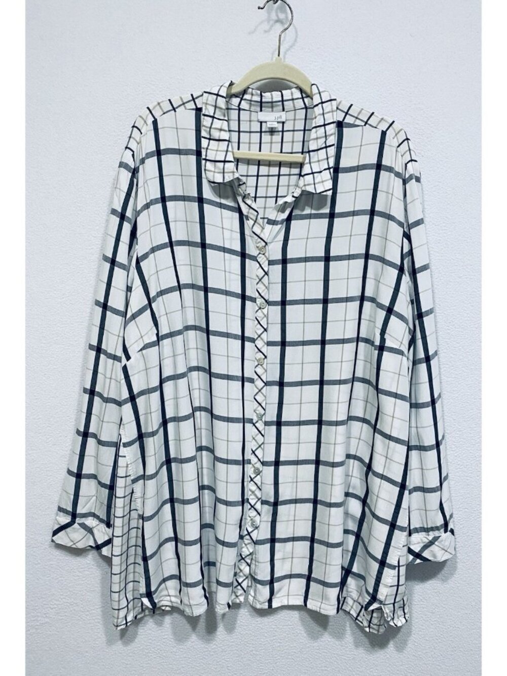 J Jill Top Womens 4X Black Tan Mixed Plaid Windowpane Button Up Tunic Preppy